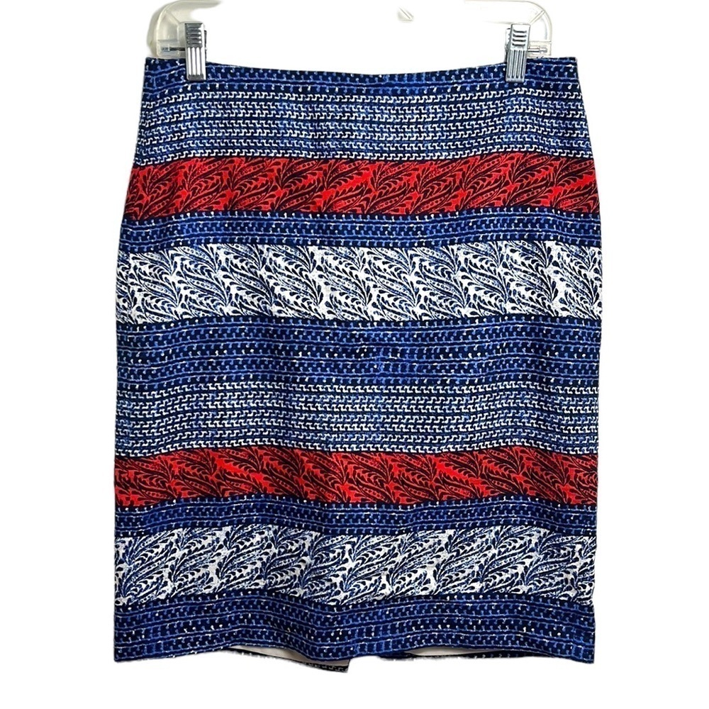 Ann Taylor Blue & Red Paisley Striped Lined Knee Length Boho Pencil Skirt Size 6